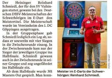 E-Darts Meistertitel für Reinhard Schmiedl